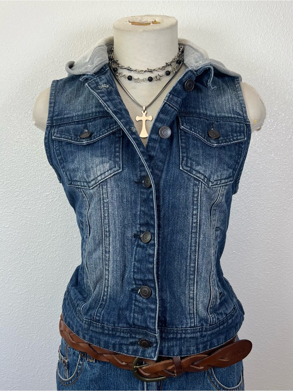 Noble U Blue Women's Denim Vest with Grey Hood